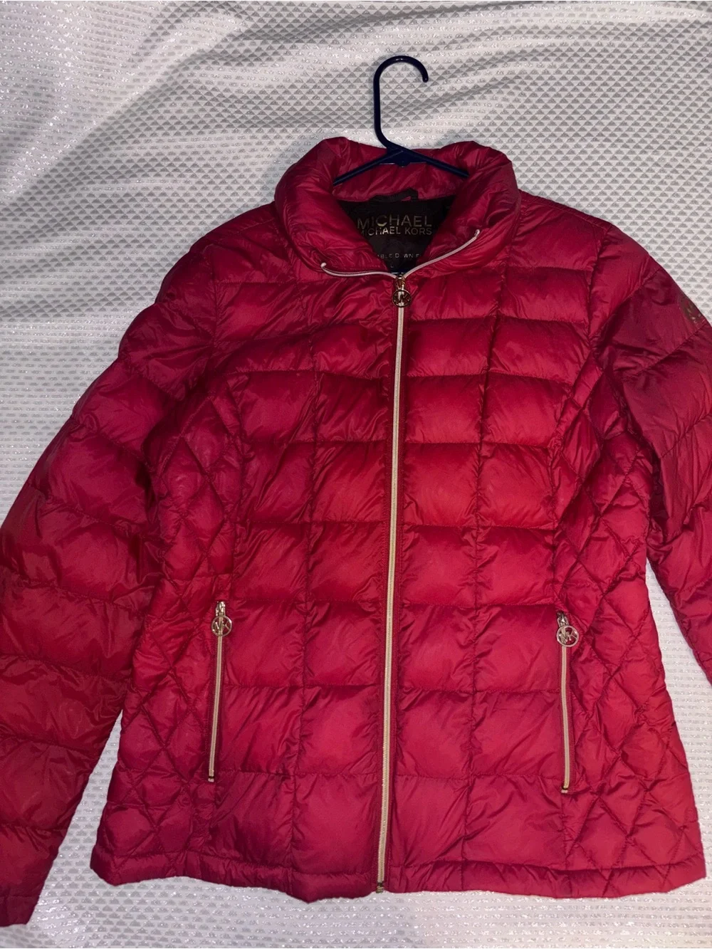 Michael Kors Red Quilted Puffer Jacket with Gold Hardware Accents